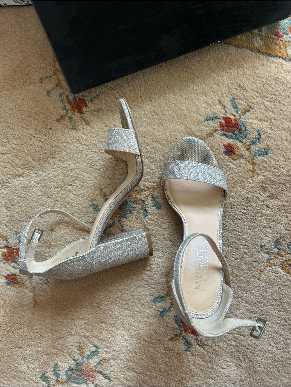 Michaels Silver Glitter Block Heel Sandals with Ankle Strap